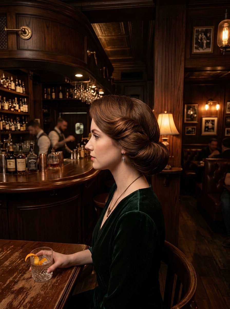 Side view of a woman with an elegant updo sitting at a wooden bar with a cocktail in a dimly lit lounge.