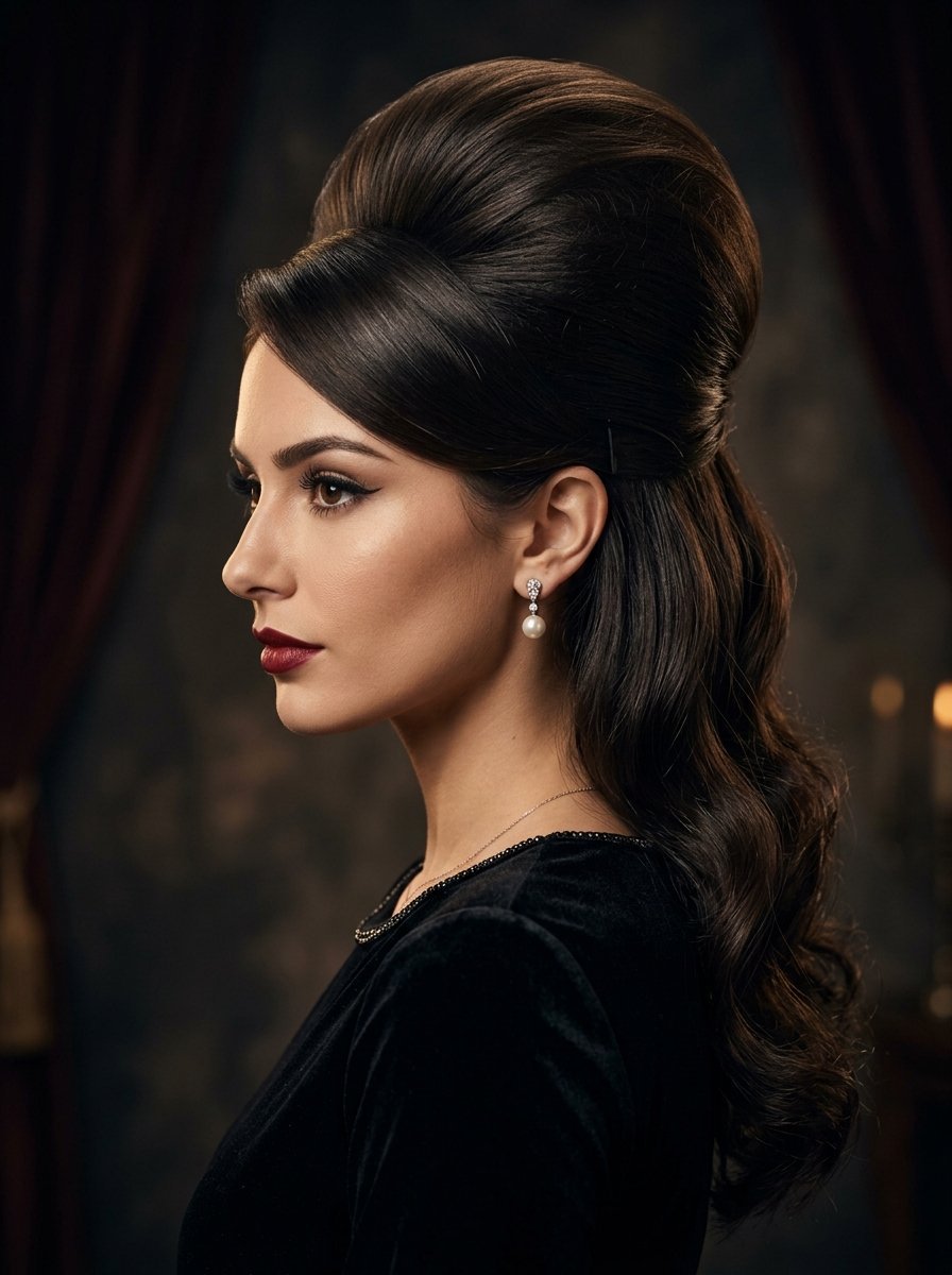 Portrait of a woman in profile wearing a vintage-style bouffant updo and pearl earrings against a dark background.