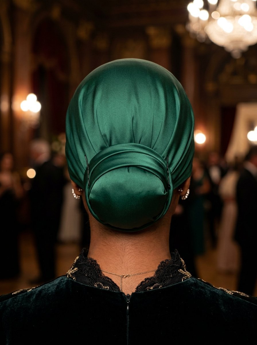 Back view of a person wearing a shiny dark green silk turban with a low, neatly pinned bun at a gala event.