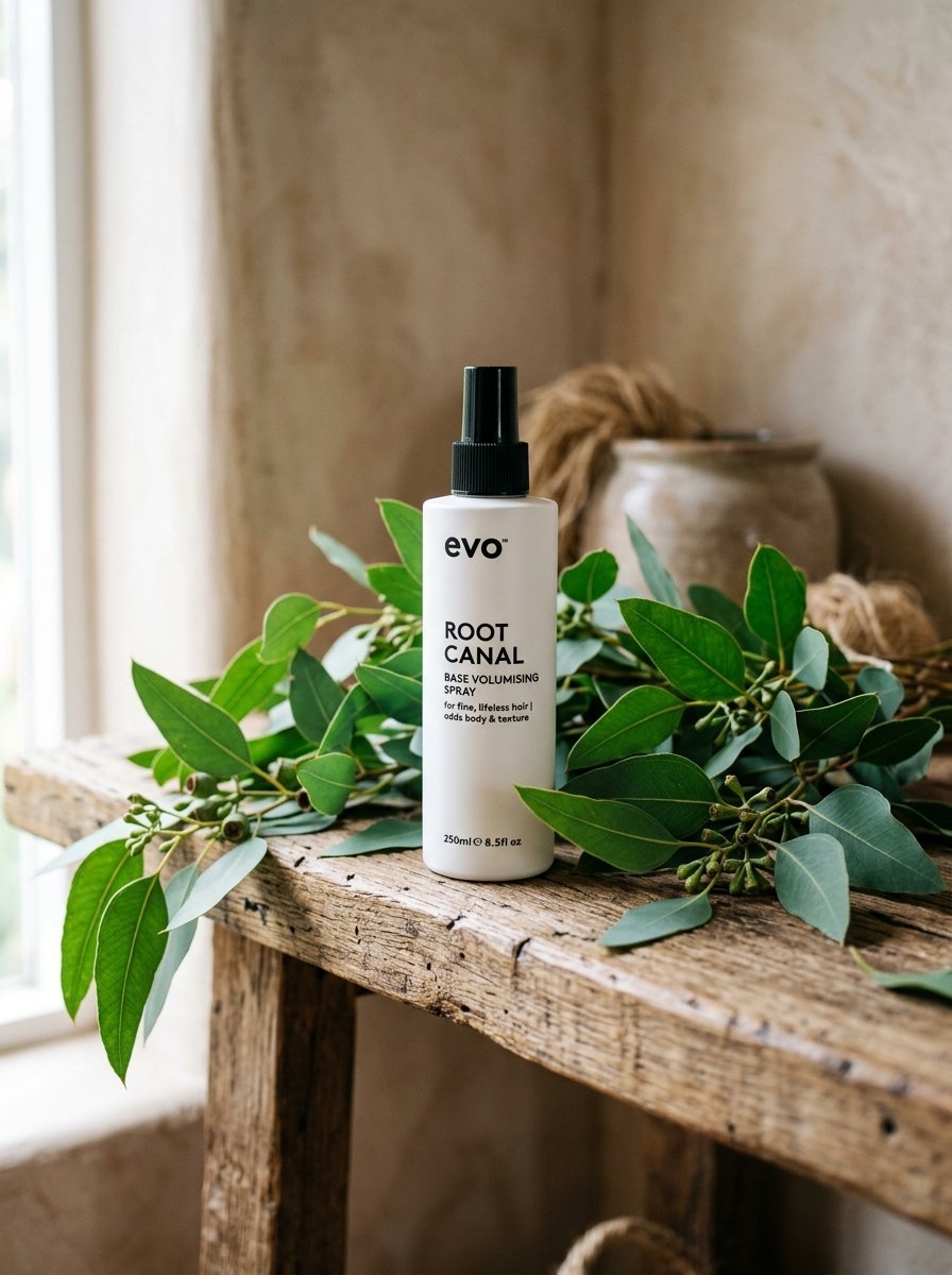 White spray bottle for hair volume surrounded by green eucalyptus branches on a rustic wooden table.