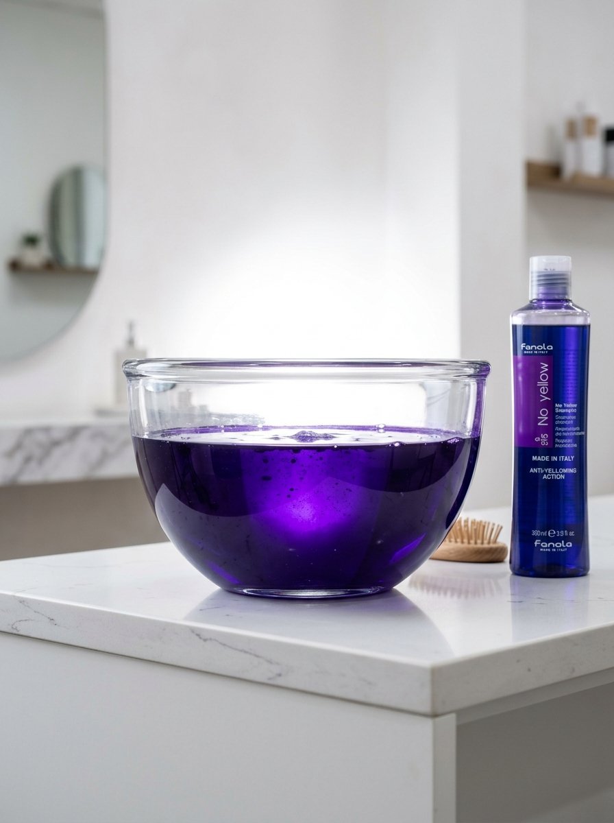 Bottle of Fanola No Yellow shampoo standing next to a glass bowl containing purple toning liquid on a marble counter.