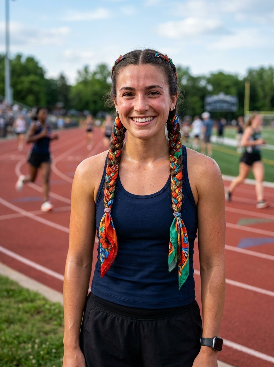 A young woman with two long braids woven with colorful floral scarves poses on a track field during a meet.