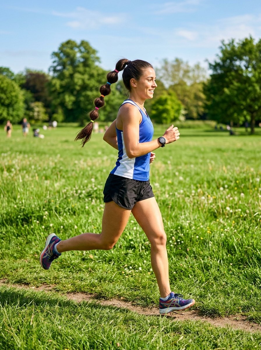Side view of a smiling woman in a blue tank top and black shorts running along a dirt path in a grassy field.