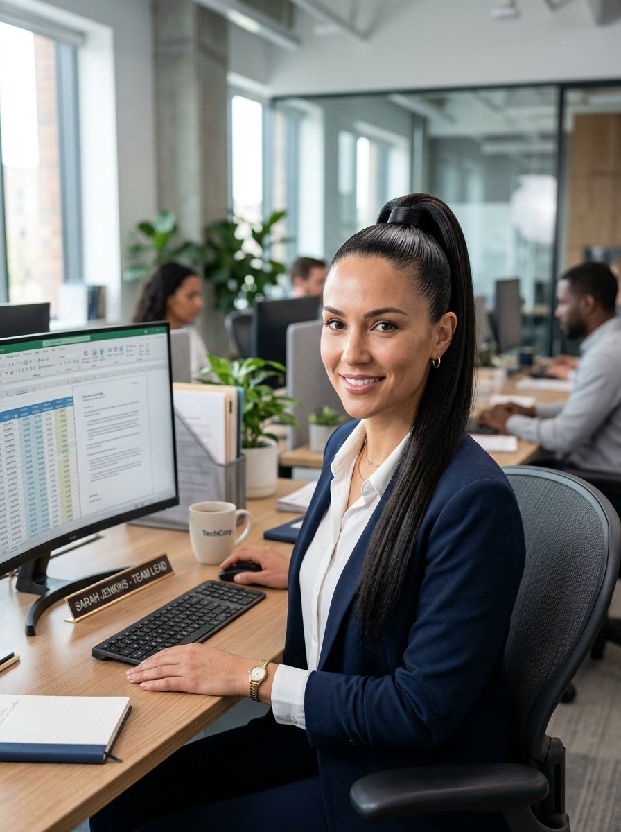 Smiling female team lead sitting at a computer workstation in a busy corporate office.