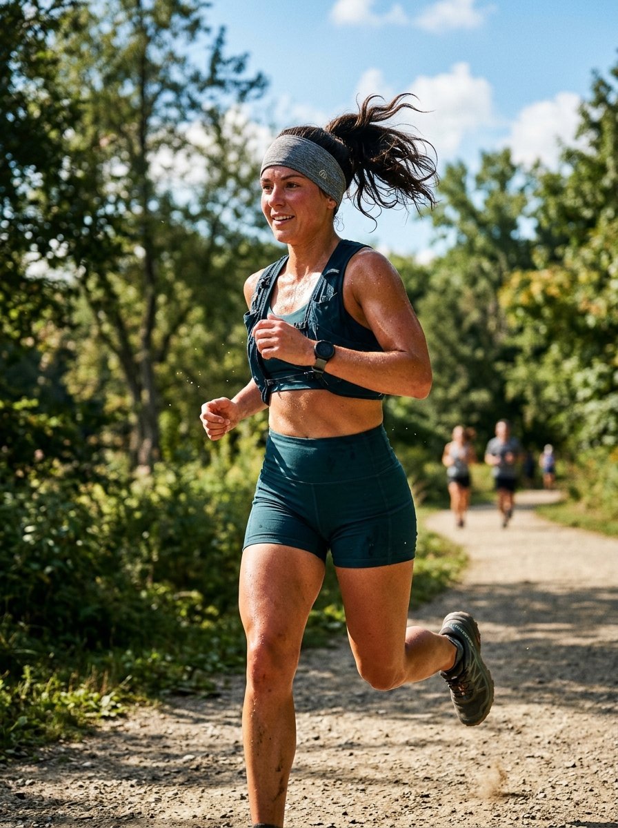 Sweaty woman with a ponytail and headband running on a dirt path with trees.