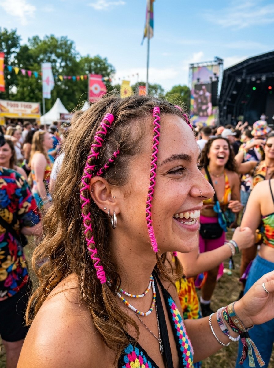 Profile view of a happy woman with brown hair decorated with neon pink thread wraps at an outdoor summer concert.