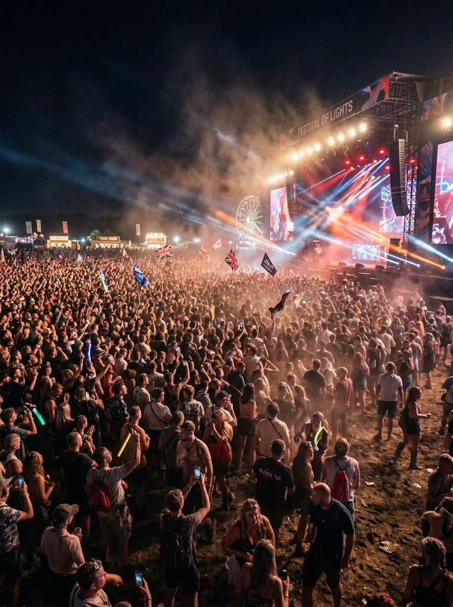 Large festival audience standing in a field at night under bright stage lights and lasers, with a ferris wheel nearby.