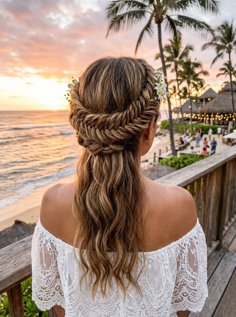 Woman with an intricate half-up fishtail braid hairstyle wearing a white lace off-shoulder dress overlooking the ocean.