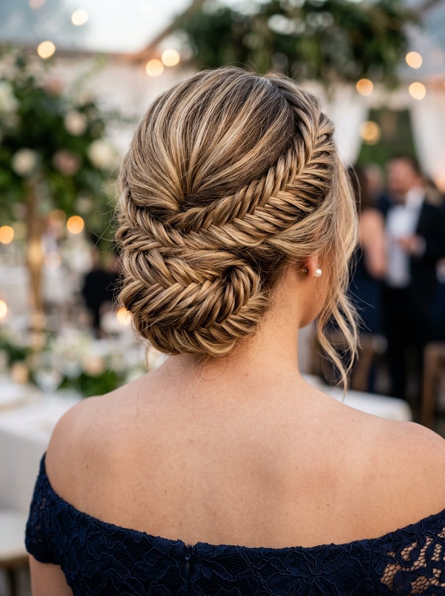 A woman with blonde highlights wearing an elaborate braided updo at a wedding reception.
