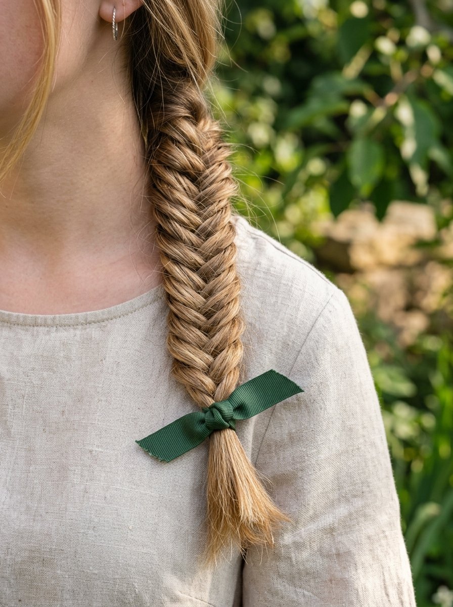 Close up of a blonde woman's fishtail braid hairstyle secured at the end with a small forest green fabric bow.