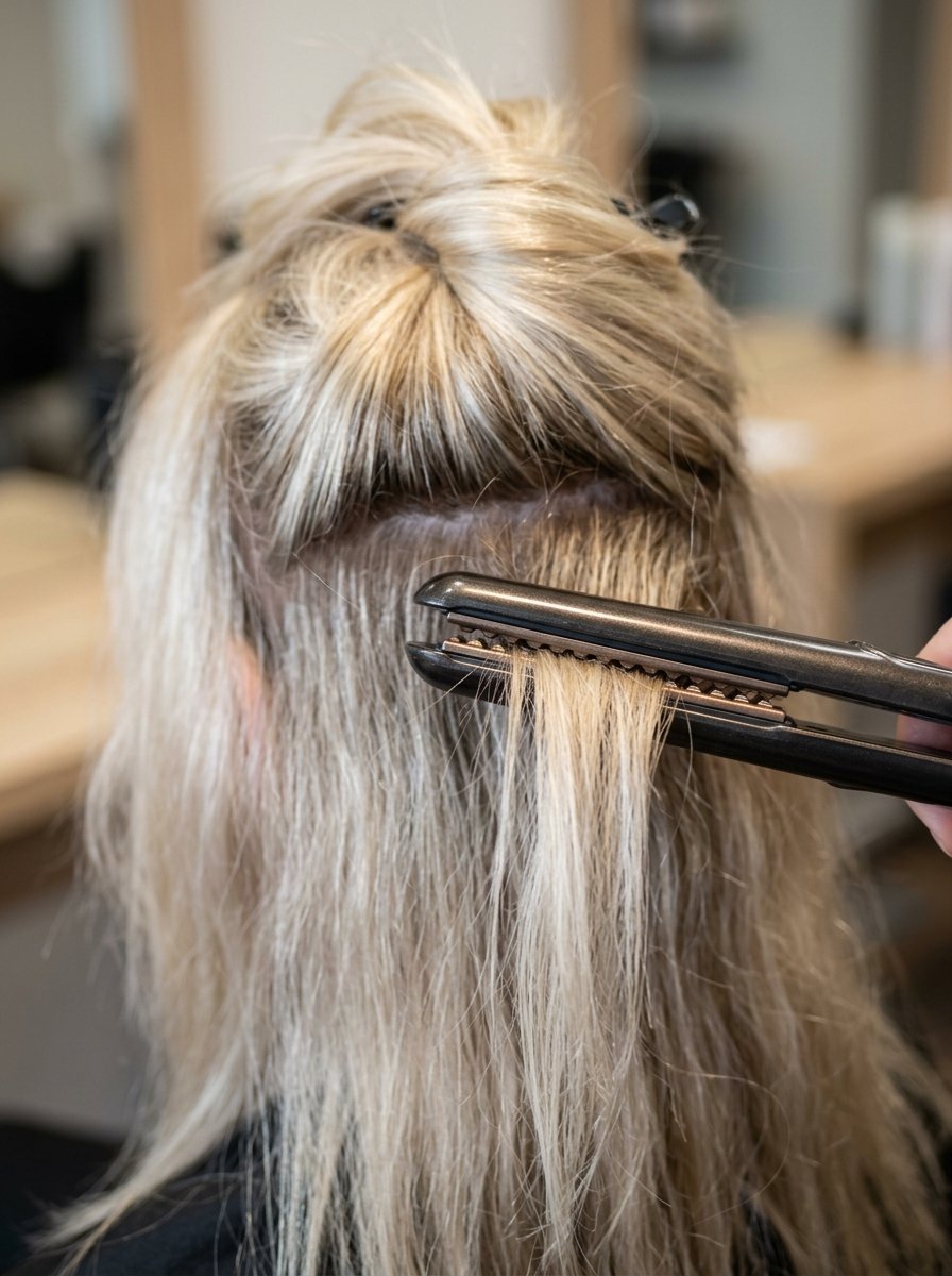 Close-up of a black hair straightener styling a section of light blonde hair during a salon appointment.