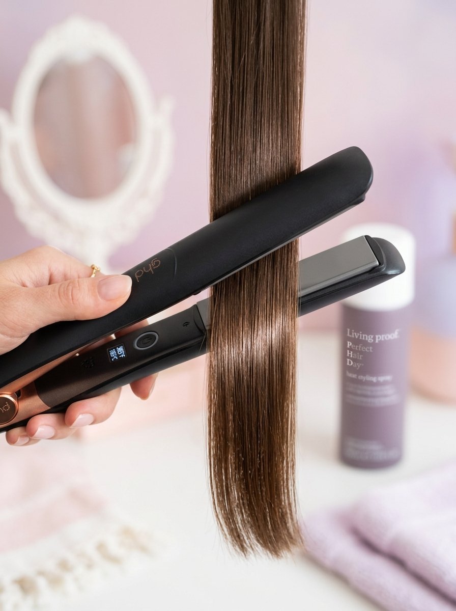 Close up of a hand using a black flat iron to straighten a section of shiny brown hair.