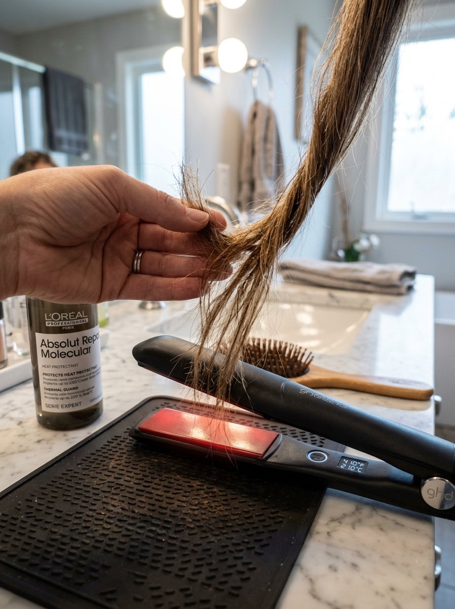 A hand holds a strand of hair over a ghd flat iron resting on a silicone heat mat next to L'Oreal hair product.