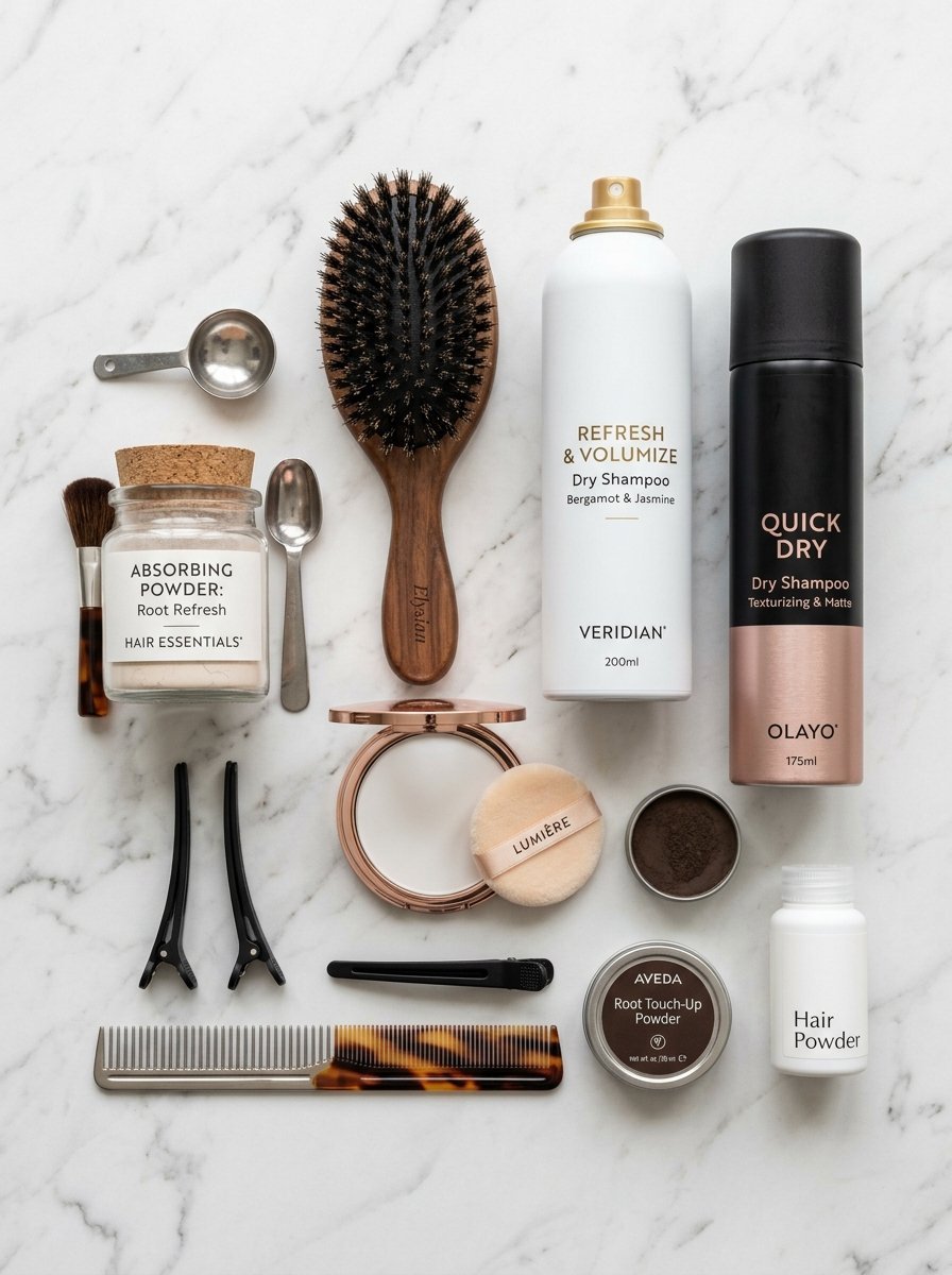 Top view of hair products including dry shampoo, brushes, combs, and powders on a white marble surface.