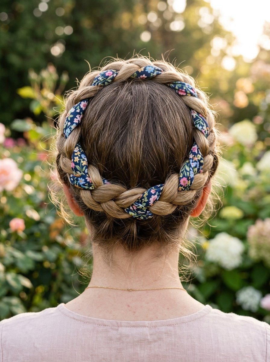 Back view of a woman with braided hair styled as a crown using a navy blue floral print fabric accessory.