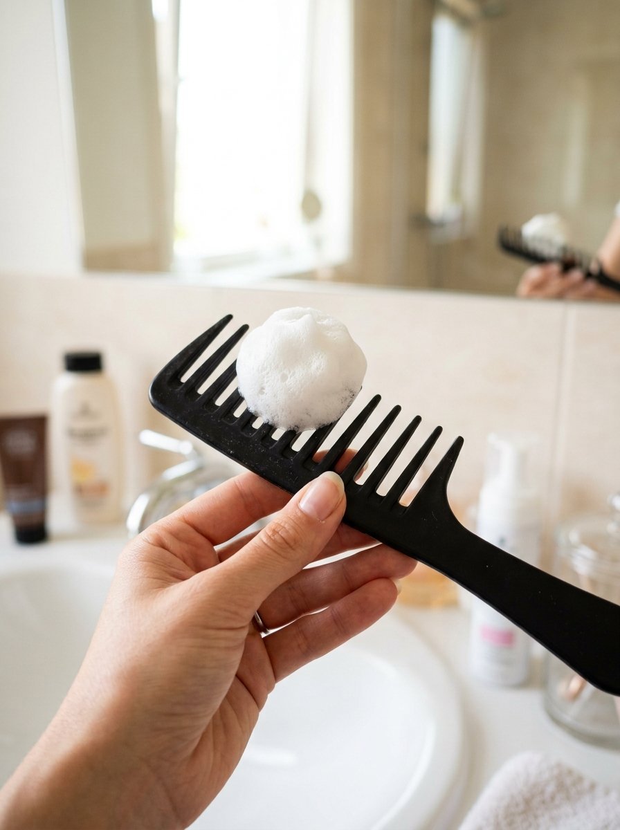 Close up of a hand holding a hair comb topped with a small mound of white soapy suds in a bathroom.