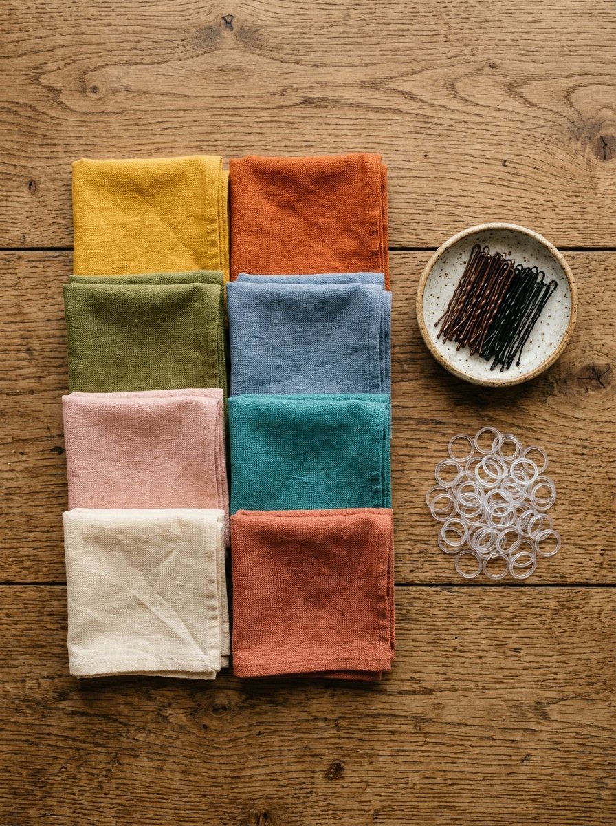 Top-down view of eight folded fabric napkins beside a ceramic bowl of hair pins and a pile of small clear hair ties.