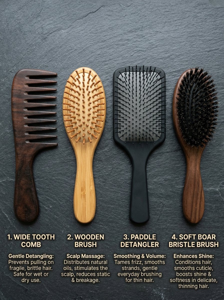 Four labeled hair tools, including a wide tooth comb, wooden brush, paddle detangler, and boar bristle brush on slate.