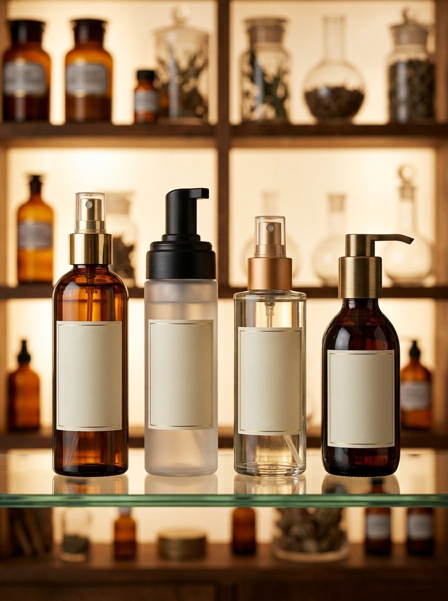 Four assorted skincare spray and pump bottles with blank labels sitting on a glass shelf in a pharmacy-style shop.