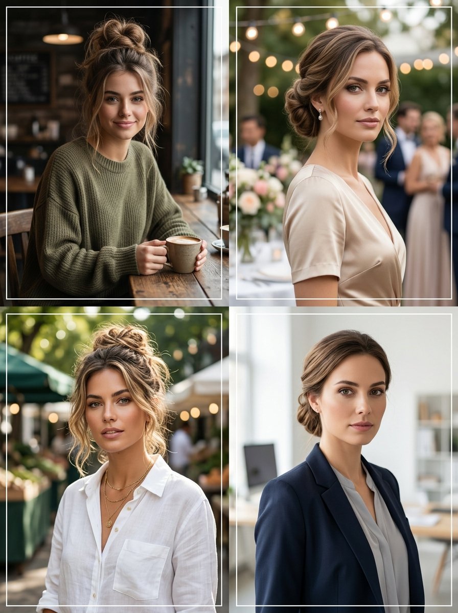 A photo grid featuring four different women posing in casual, formal, and business attire.