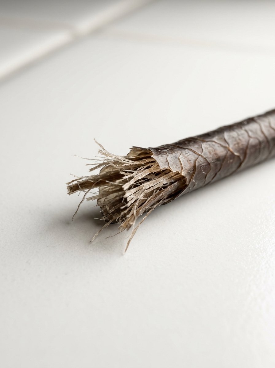 Close-up of a dark human hair shaft with a split, shredded tip resting on a white surface.