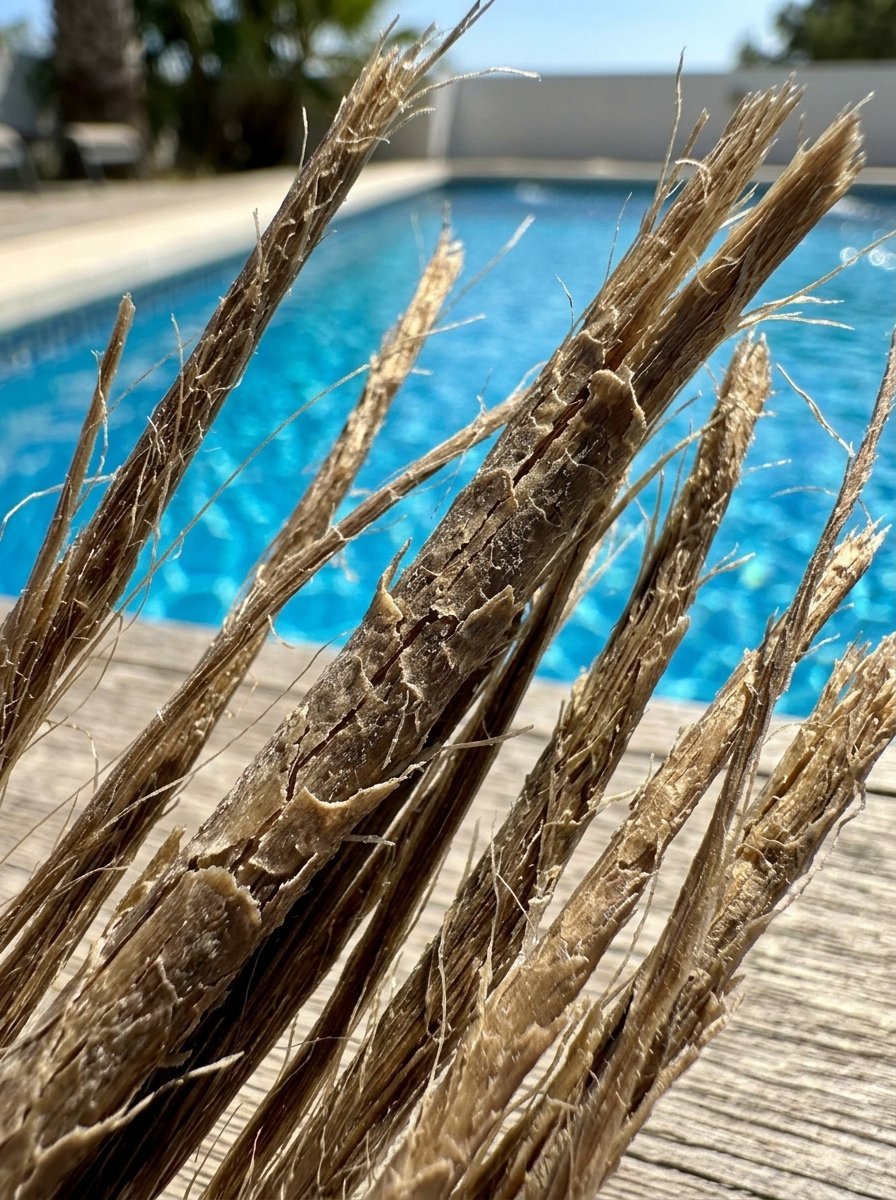 Frayed wooden palm fronds in focus with a blurry blue swimming pool background.