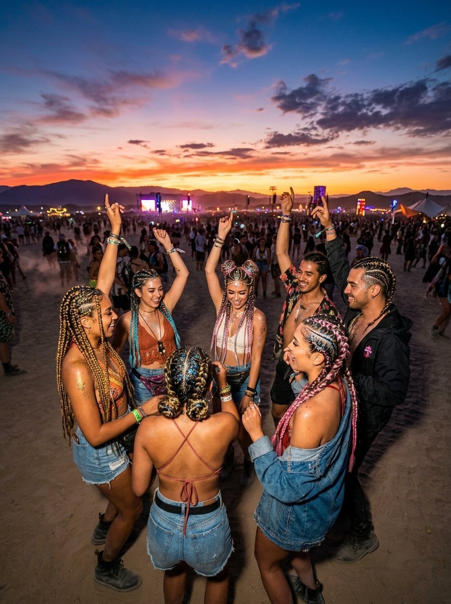 A circle of friends with colorful braided hair dancing together under a vibrant sunset at a sandy festival grounds.