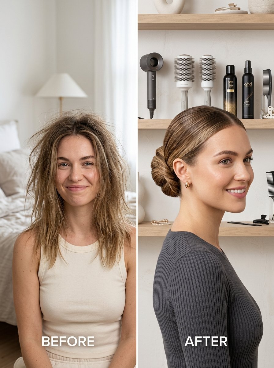 Before and after comparison of a woman with frizzy hair versus a sleek professional hairstyle.