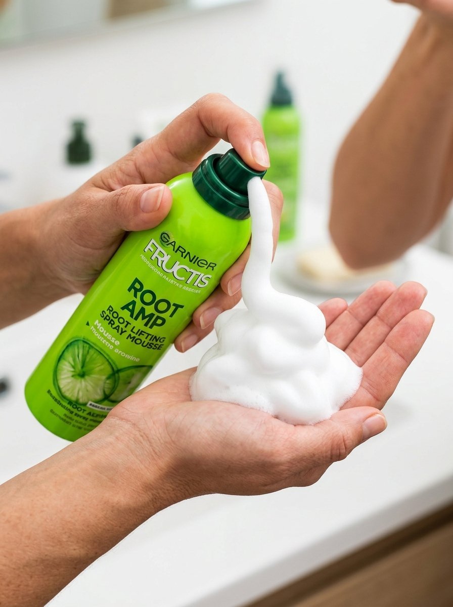 Close-up of a person pumping root-lifting hair foam into their palm in a bathroom.