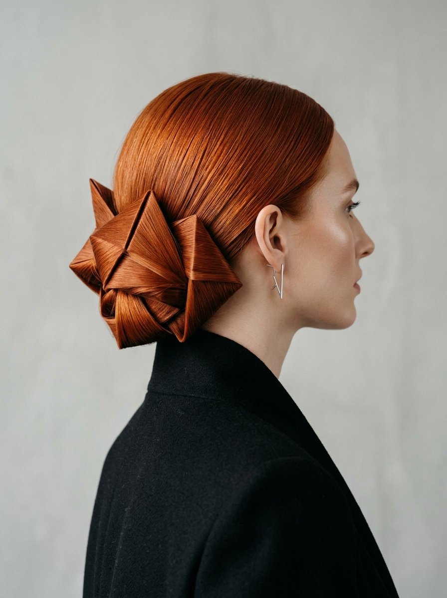 A woman with sleek ginger hair styled into a complex, angular geometric bun resembling folded origami paper.