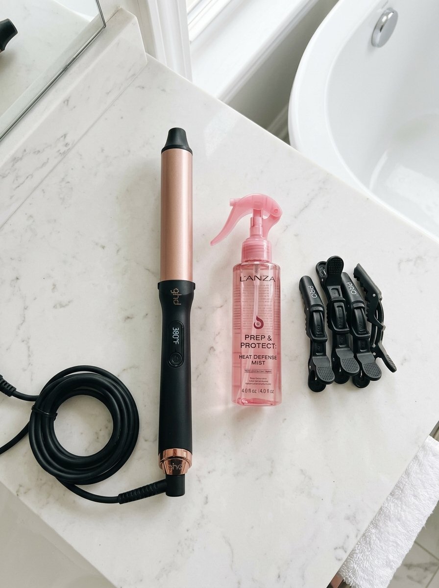 A rose gold curling iron, Lanza heat protection spray, and four black sectioning clips on a marble bathroom counter.