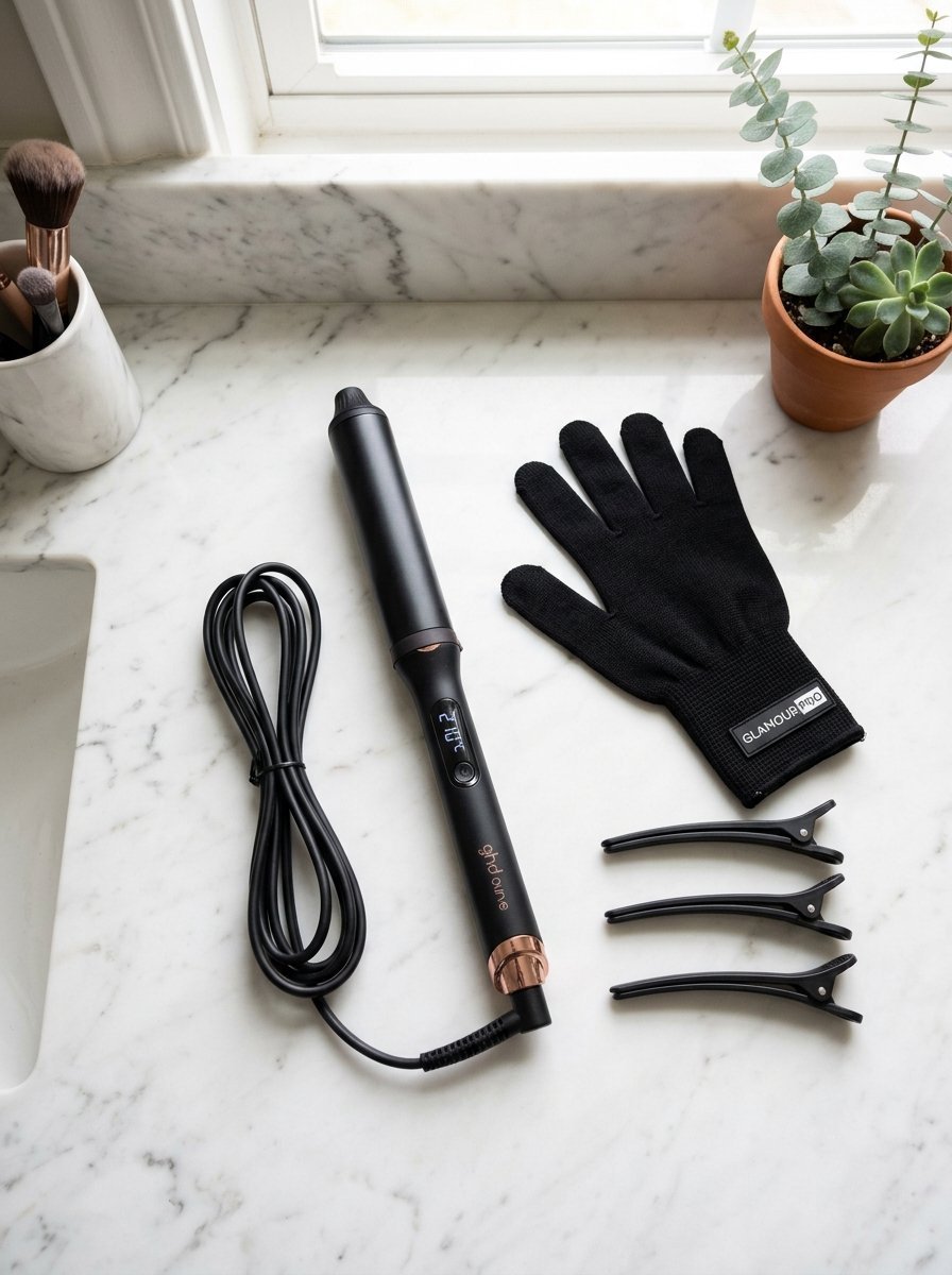 A black curling wand, heat-resistant glove, and three hair clips arranged on a marble vanity top.