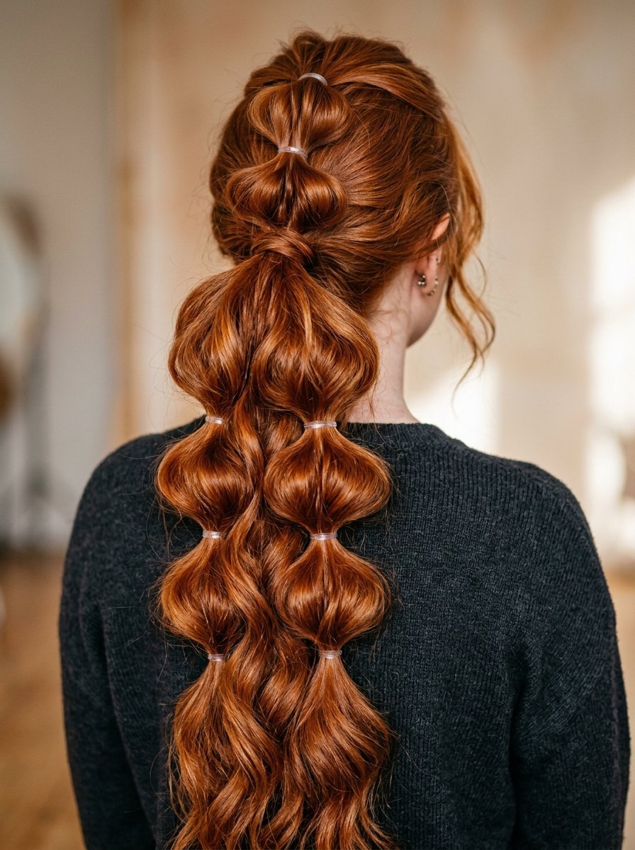 Back view of a woman with long red hair in a voluminous bubble braid ponytail secured with clear elastic bands.