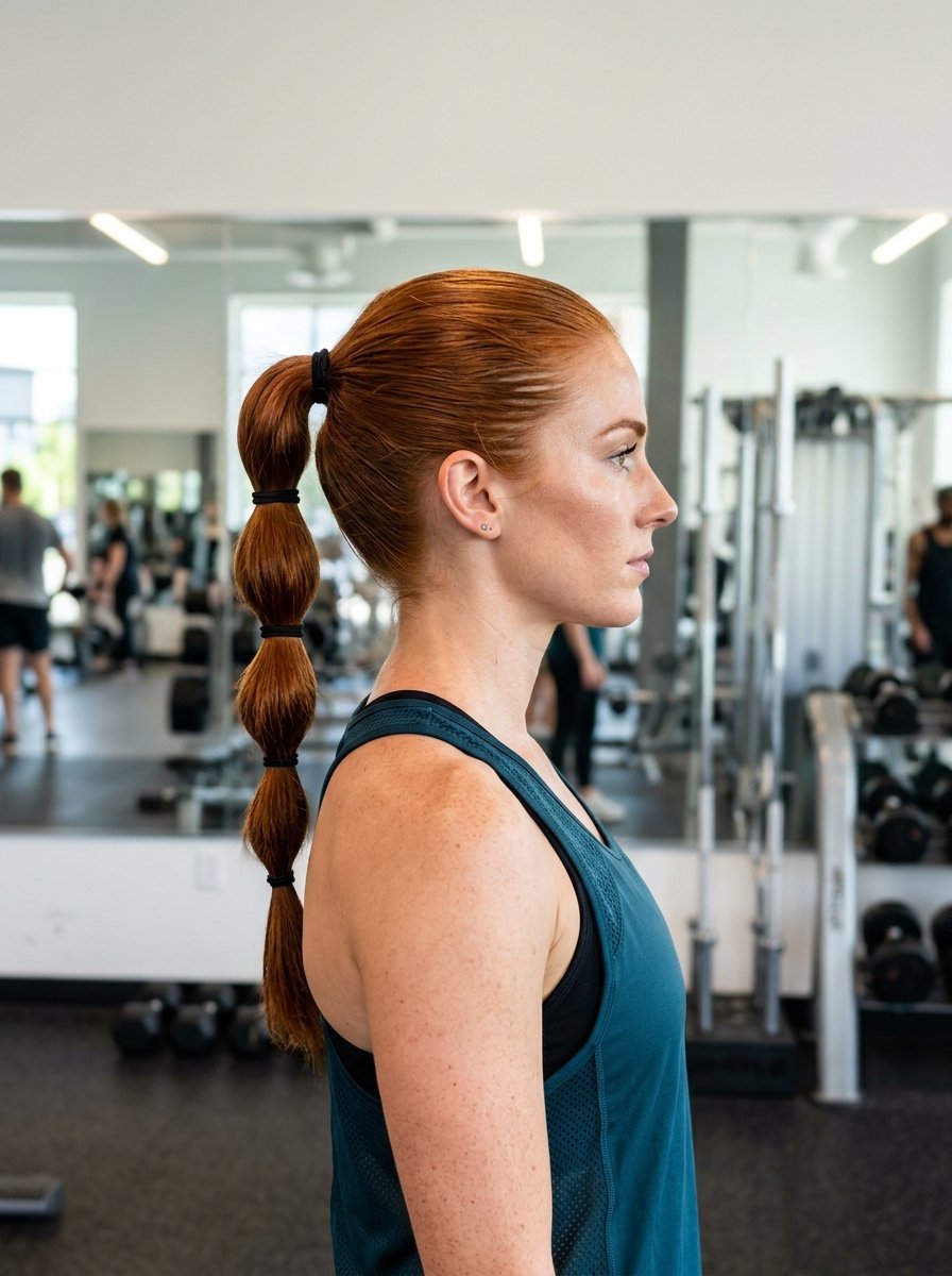 Side profile of a red-haired woman with a long bubble ponytail wearing a dark blue fitness tank top in a gym setting.