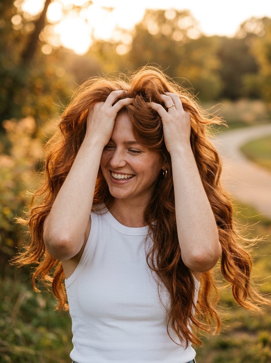 Portrait of a smiling young woman with voluminous wavy auburn hair posing with her hands in her hair.