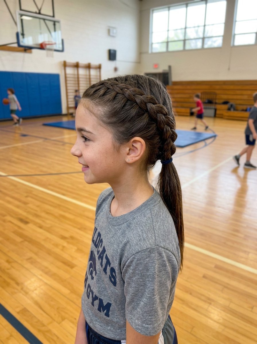 Side profile of a school girl with long brown hair styled in a neat Dutch braid.