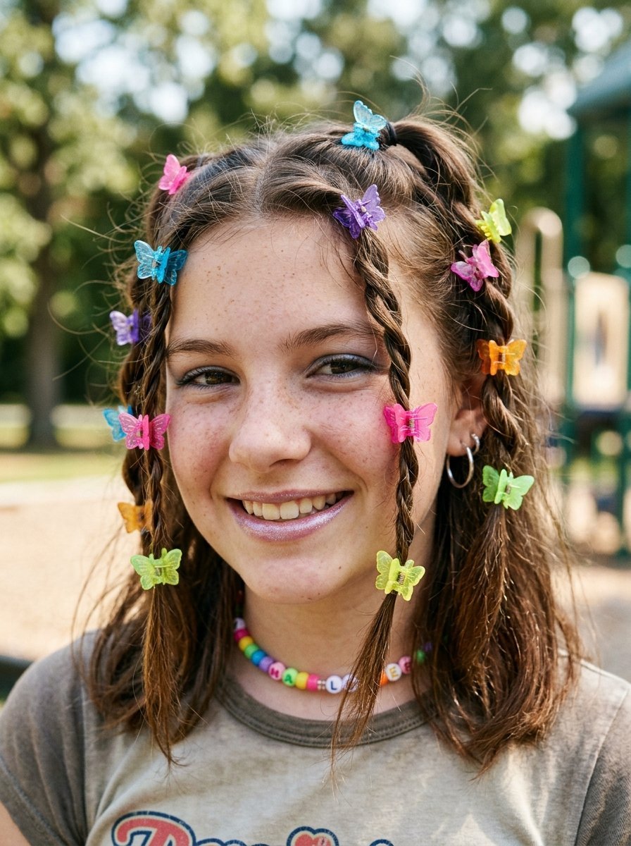 Close-up of a smiling girl with freckles and braids adorned with small, multi-colored plastic butterfly hair accessories.