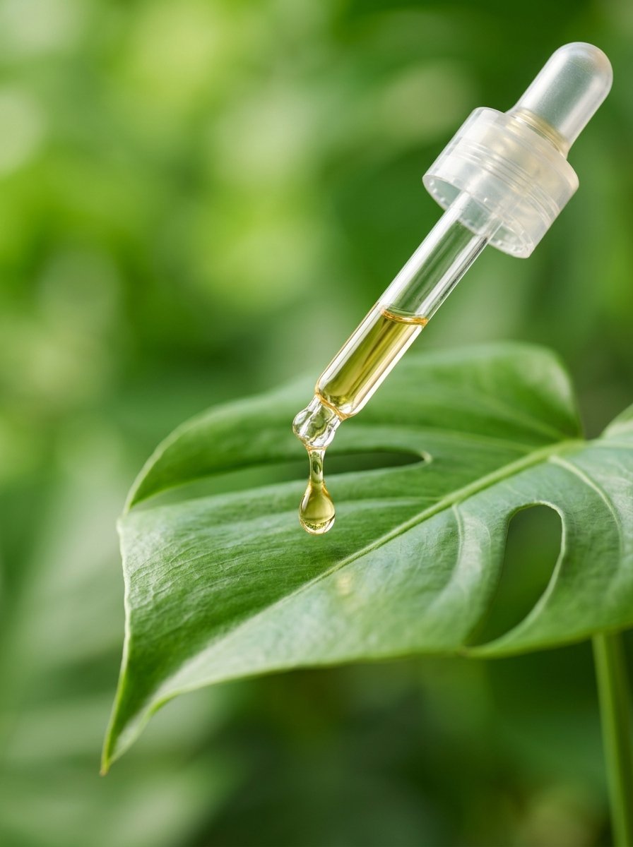 A clear cosmetic dropper dispensing a liquid drop of yellow serum onto a vibrant green monstera deliciosa leaf.