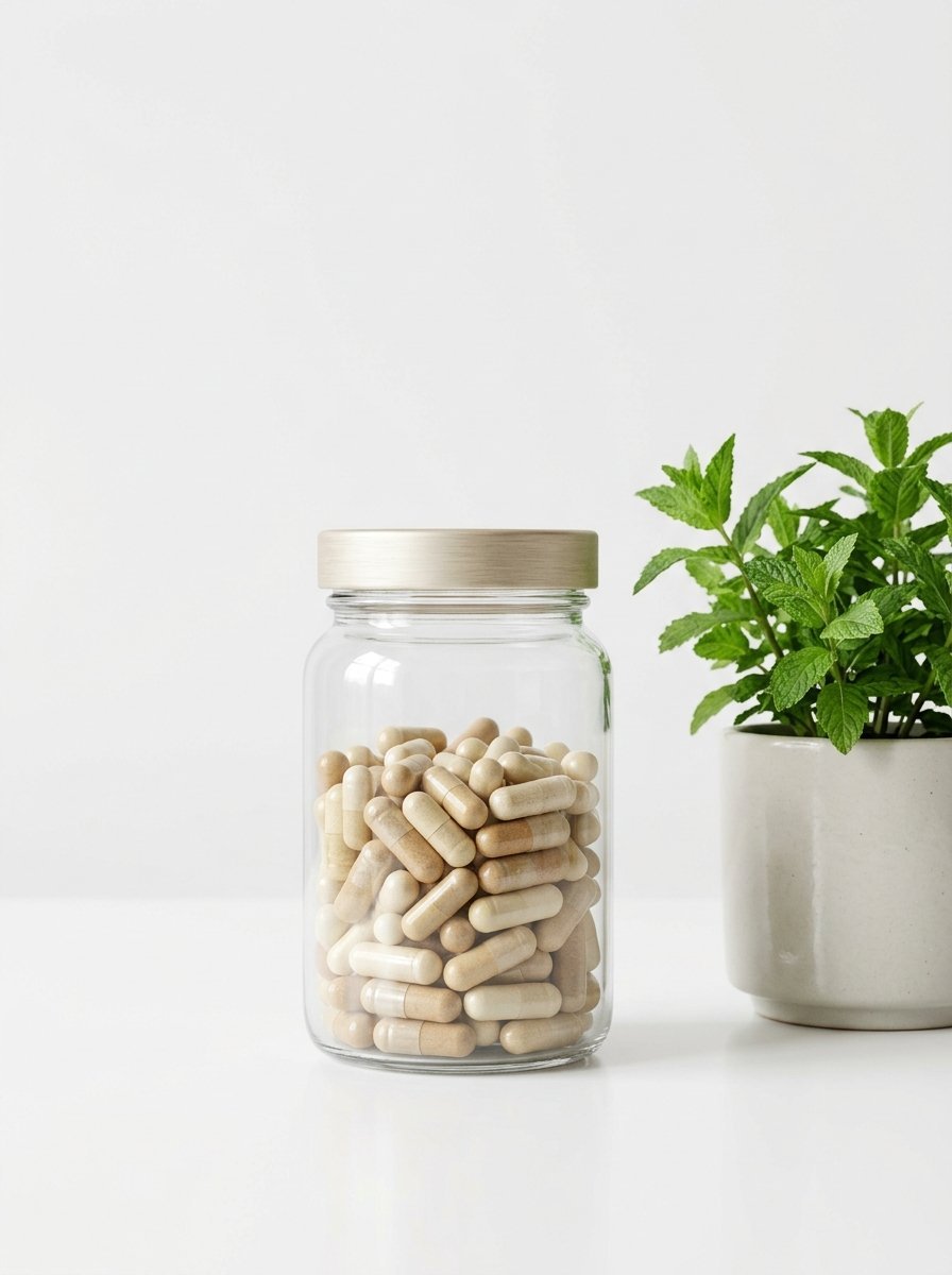 A clear glass jar containing tan capsules sits next to a small potted mint plant on a white surface.