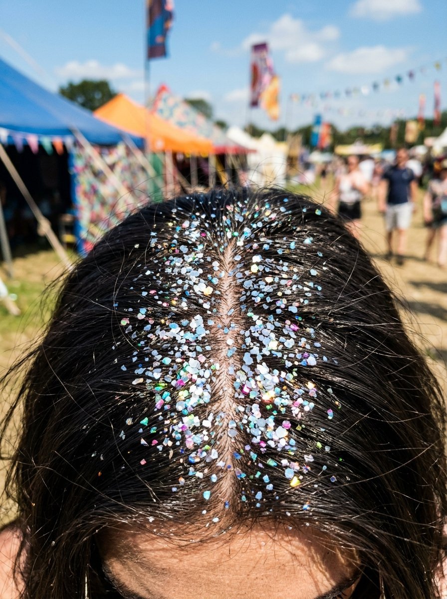 Top-down view of a dark-haired person with chunky holographic glitter applied along their hair part.