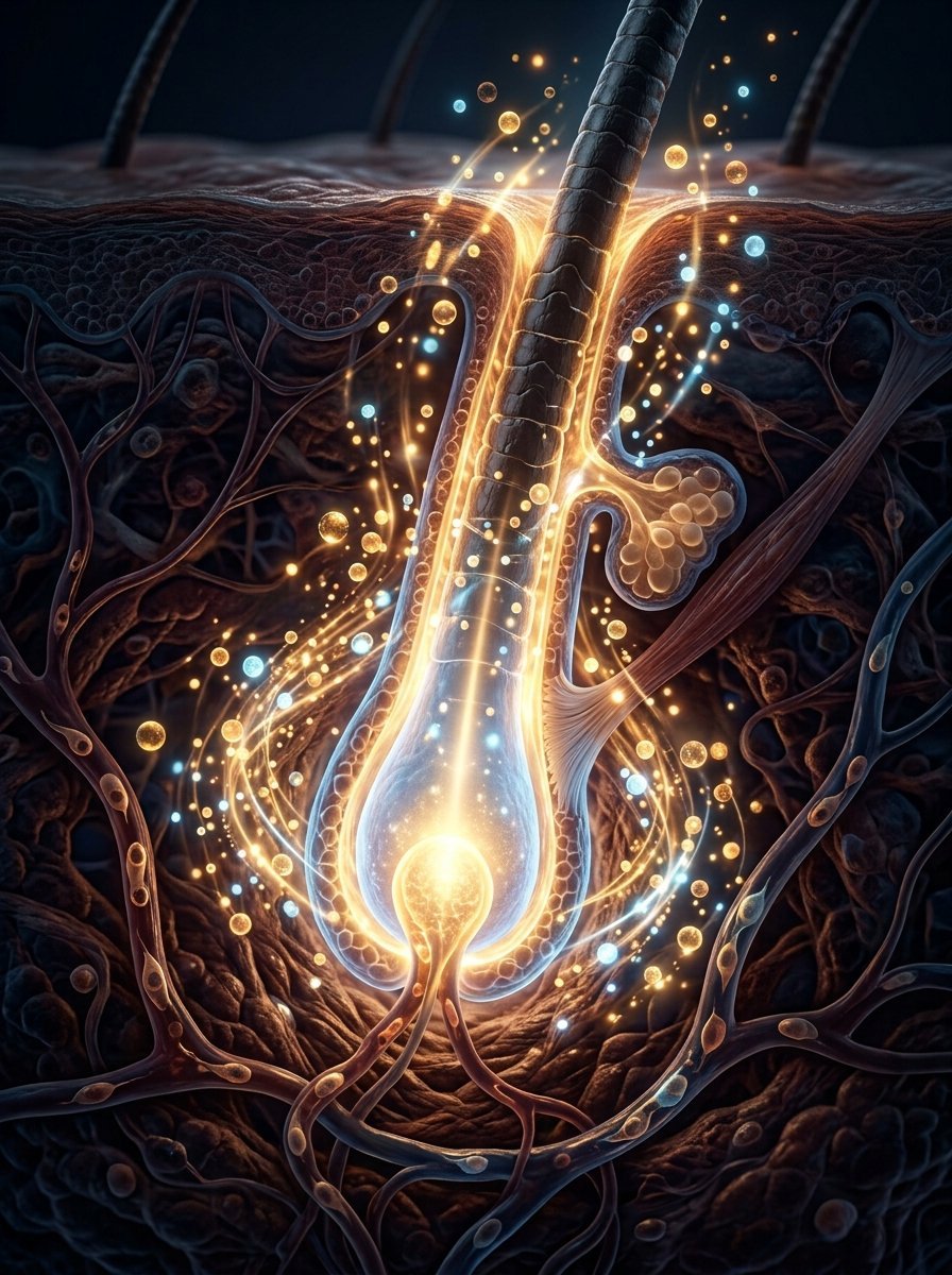 Close-up digital render of a human hair follicle root emitting golden light particles inside dark skin tissue.