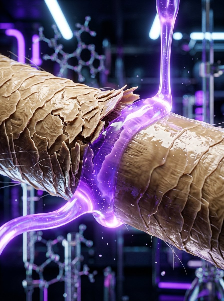 A close-up of a human hair fiber being coated in glowing violet gel against a background of molecular structures.