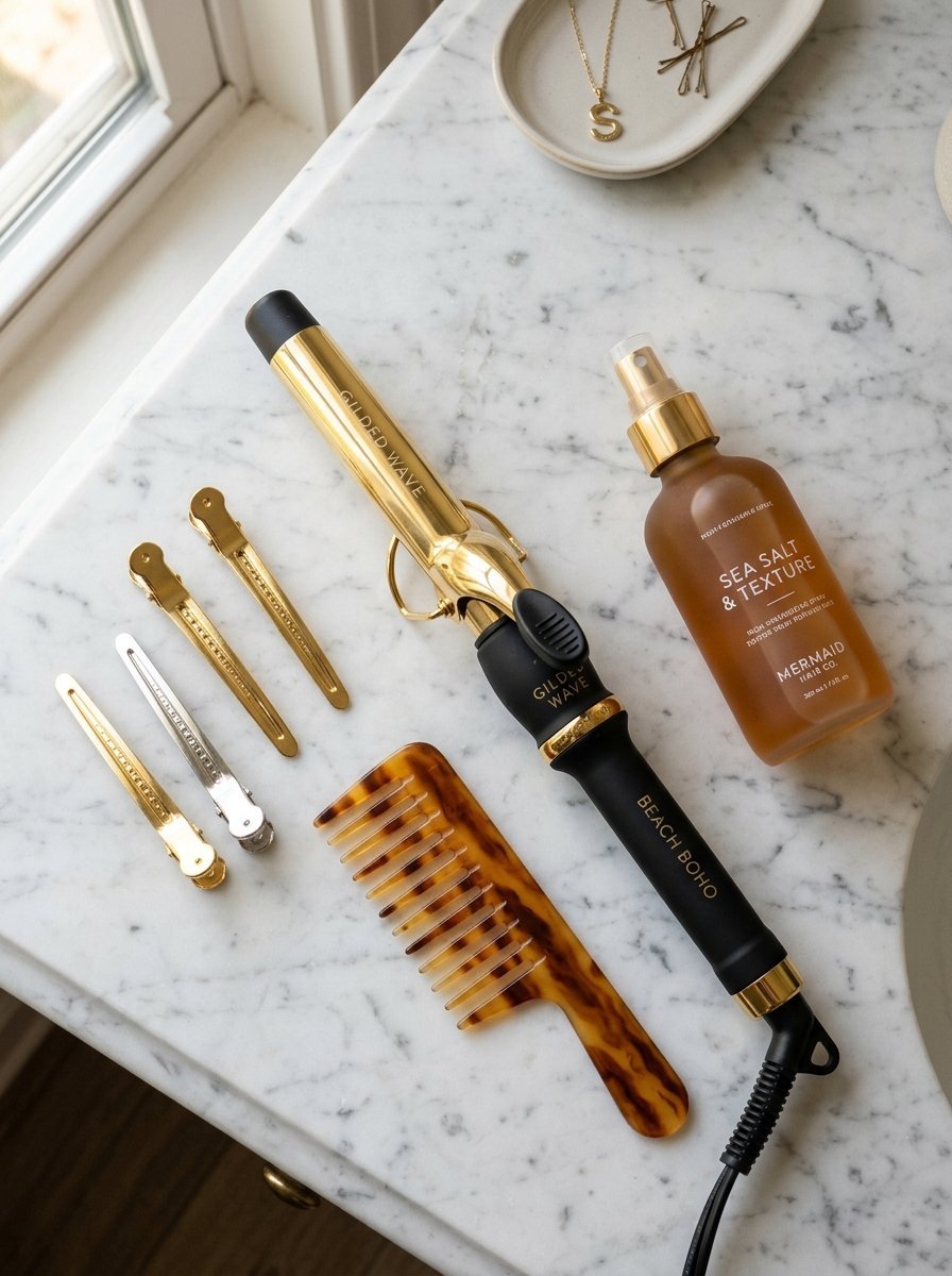 A gold curling iron, sea salt spray, tortoiseshell comb, and hair clips resting on a white marble surface.