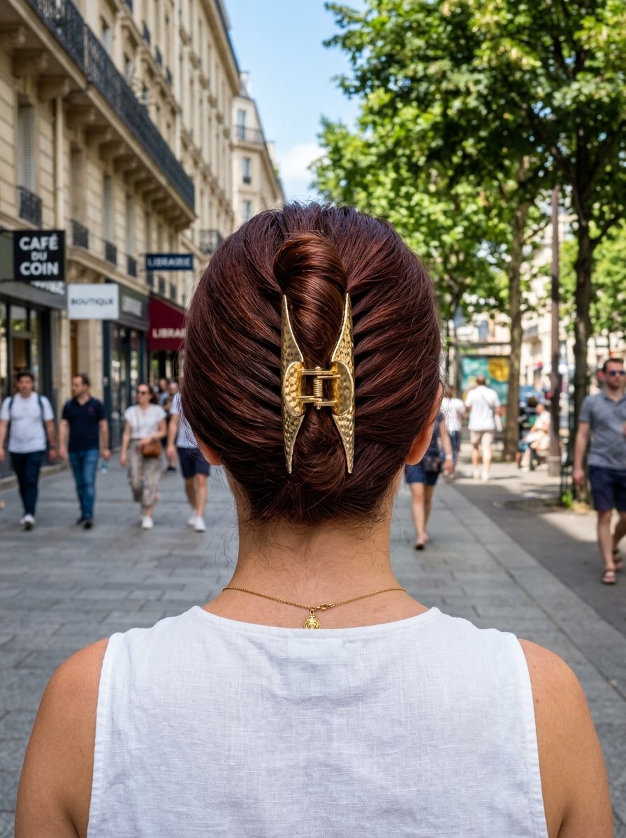 Close up view of auburn hair styled in an updo with a textured metallic gold hair clip.