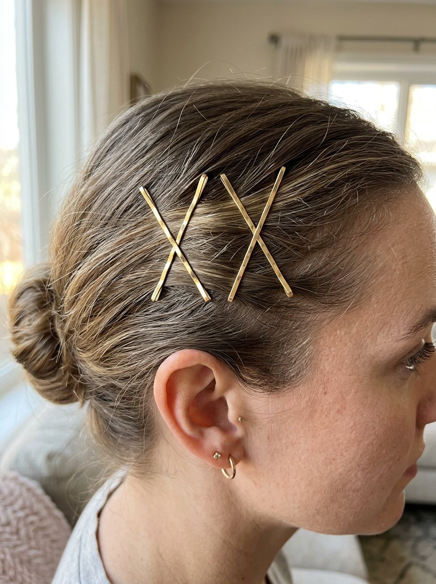 Profile view of woman with light brown hair featuring two metallic x-shaped hair clips.