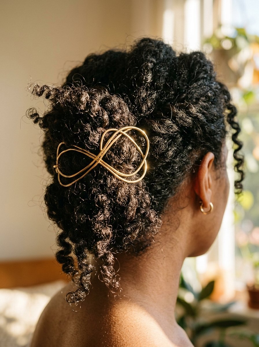 A person with dark curly hair wearing a gold wire infinity symbol hair clip in a messy updo.