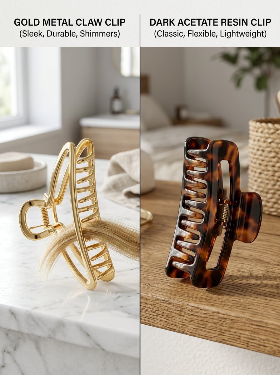 Split screen image showing a metallic gold hair claw clip on marble next to a brown tortoiseshell resin hair clip.
