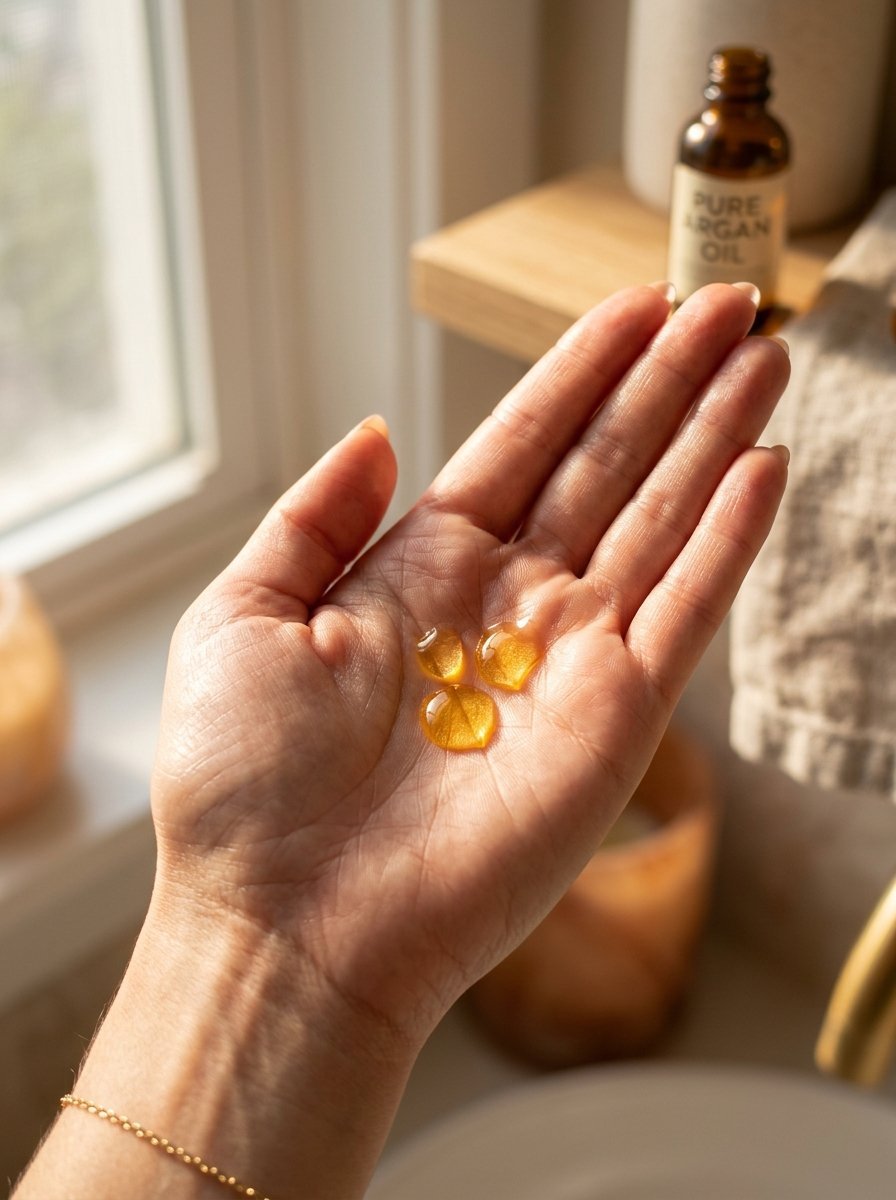 Close-up of three drops of liquid gold argan oil resting in a woman's open hand with a bottle in the background.