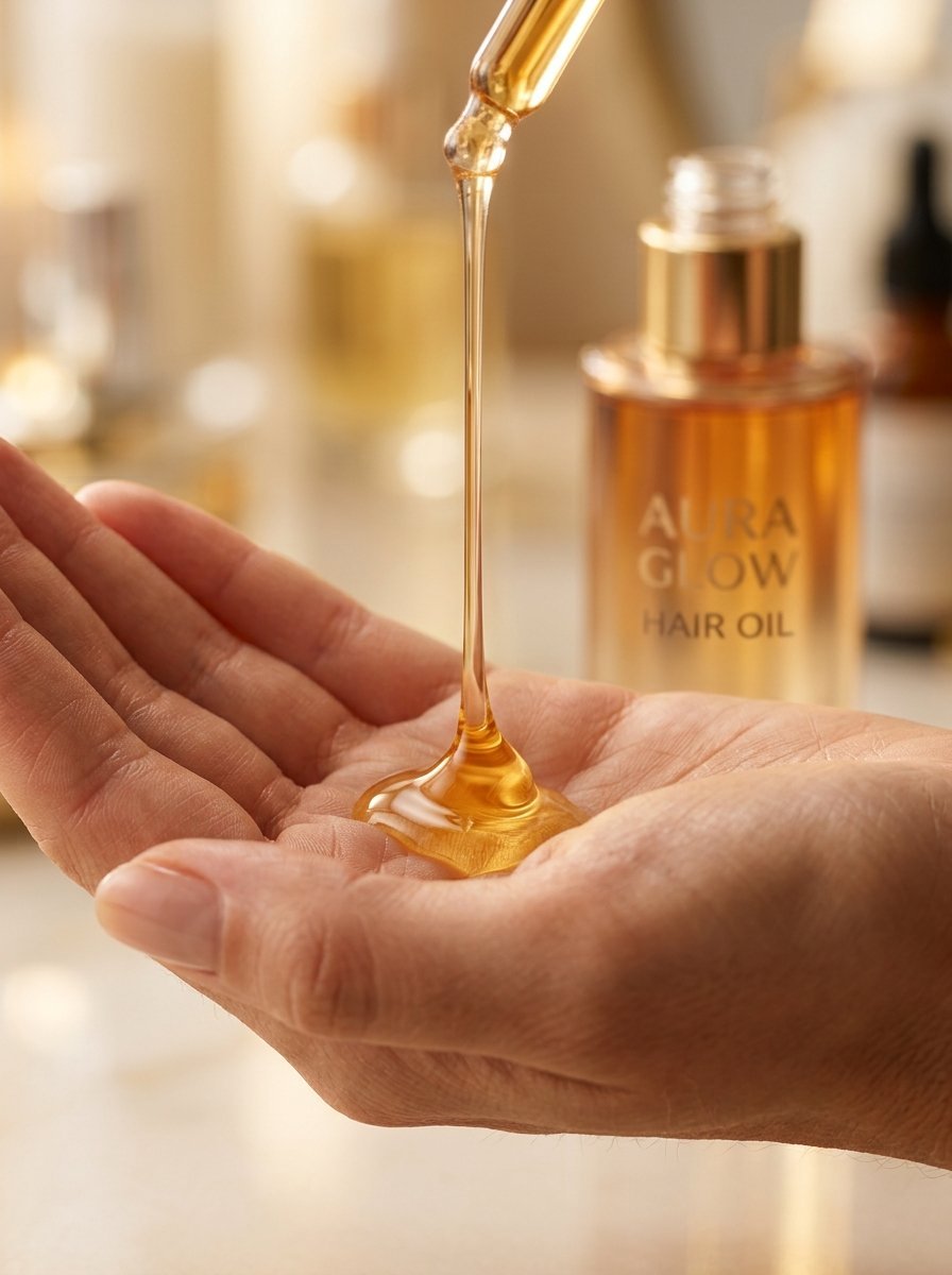Close-up of a glass dropper dispensing viscous amber hair treatment oil onto a person's open palm.