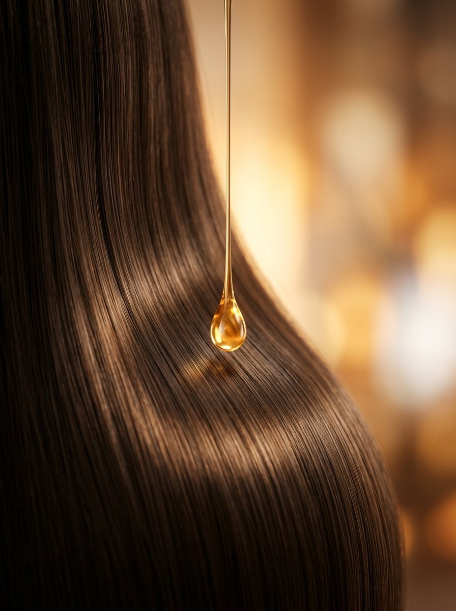 Close-up of a glowing oil drop falling onto smooth, healthy brown hair with soft bokeh background.